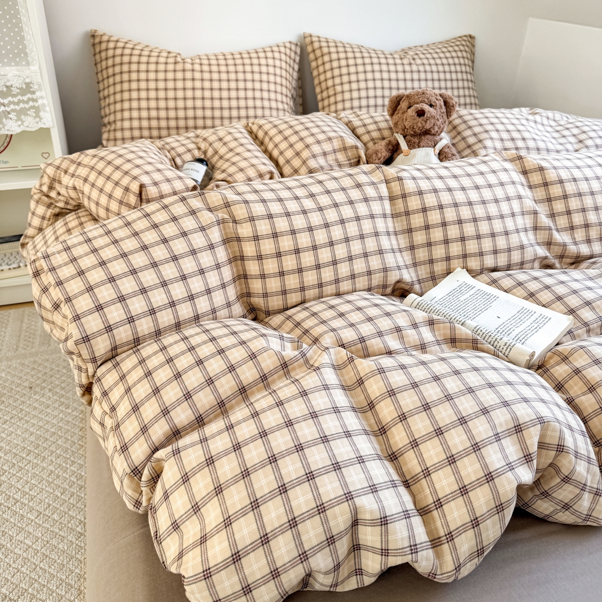 91家纺网 家纺一手货源 找家纺 红淳家纺 2026新款全棉A类双层纱四件套 复古格棕（普通款）