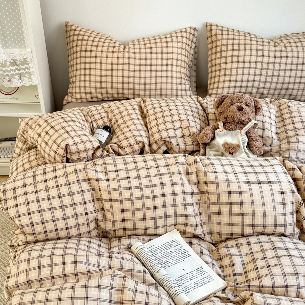 91家纺网 家纺一手货源 找家纺 红淳家纺 2026新款全棉A类双层纱四件套 复古格棕（普通款）