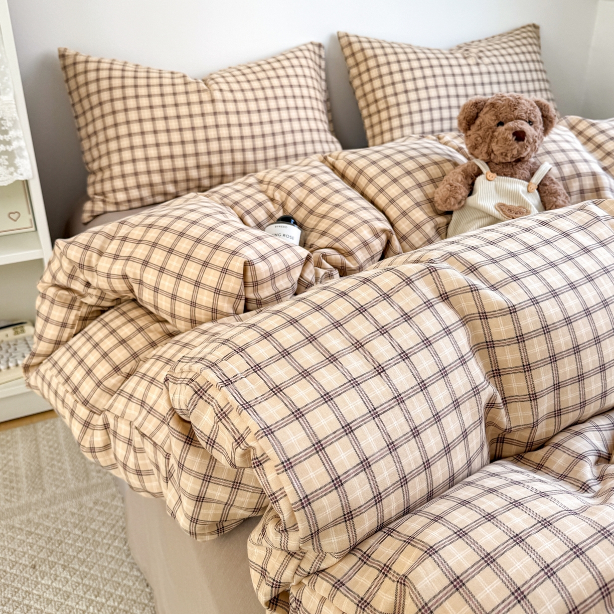 91家纺网 家纺一手货源 找家纺 红淳家纺 2026新款全棉A类双层纱四件套 复古格棕（普通款）