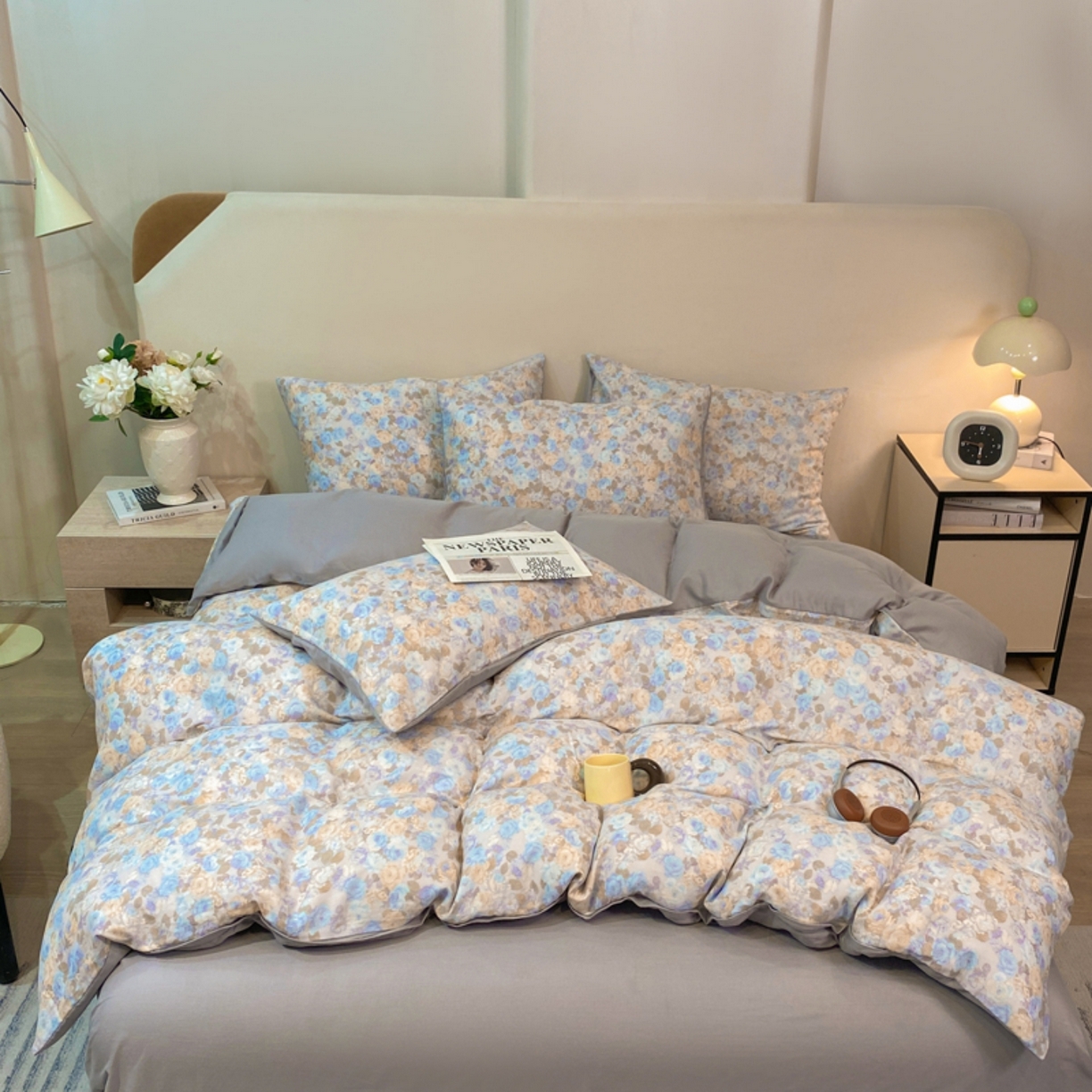 91家纺网 家纺一手货源 找家纺 红淳家纺 2026新款全棉A类双层纱四件套 科莫花园-蓝（普通款）