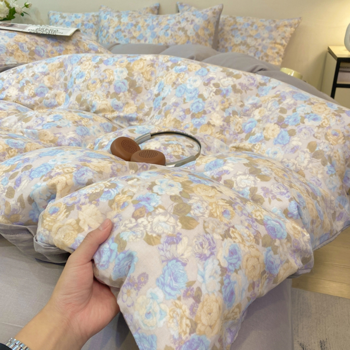 91家纺网 家纺一手货源 找家纺 红淳家纺 2026新款全棉A类双层纱四件套 科莫花园-蓝（普通款）