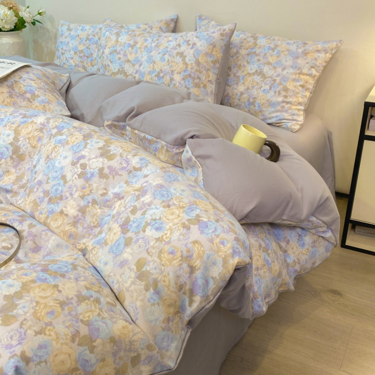 91家纺网 家纺一手货源 找家纺 红淳家纺 2026新款全棉A类双层纱四件套 科莫花园-蓝（普通款）