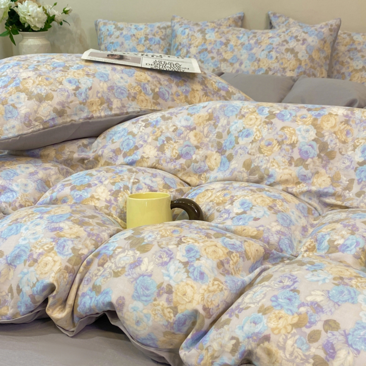 91家纺网 家纺一手货源 找家纺 红淳家纺 2026新款全棉A类双层纱四件套 科莫花园-蓝（普通款）