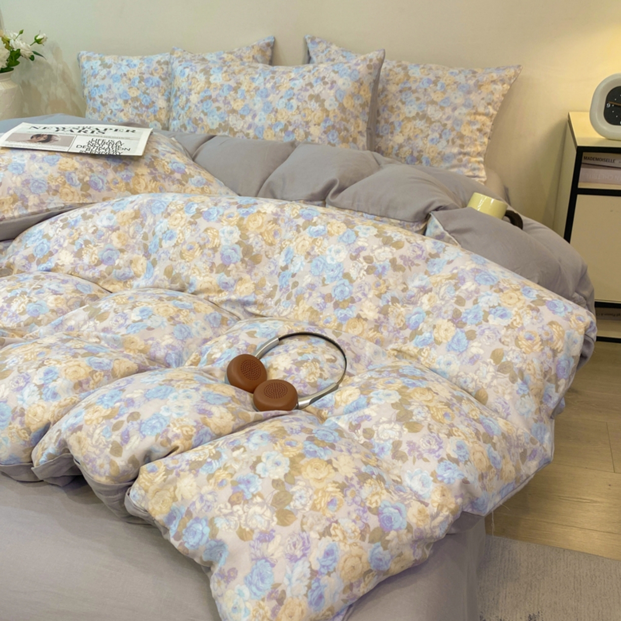 91家纺网 家纺一手货源 找家纺 红淳家纺 2026新款全棉A类双层纱四件套 科莫花园-蓝（普通款）