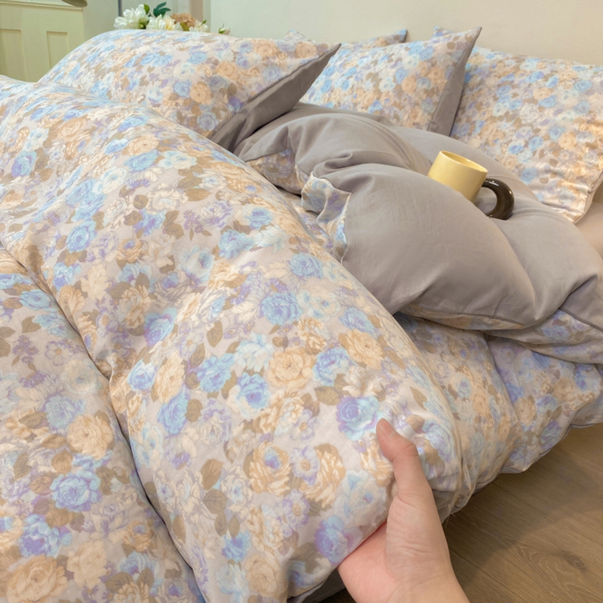 91家纺网 家纺一手货源 找家纺 红淳家纺 2026新款全棉A类双层纱四件套 科莫花园-蓝（普通款）