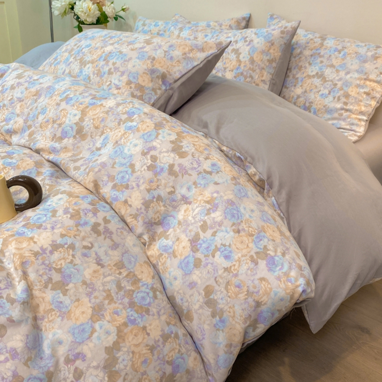 91家纺网 家纺一手货源 找家纺 红淳家纺 2026新款全棉A类双层纱四件套 科莫花园-蓝（普通款）