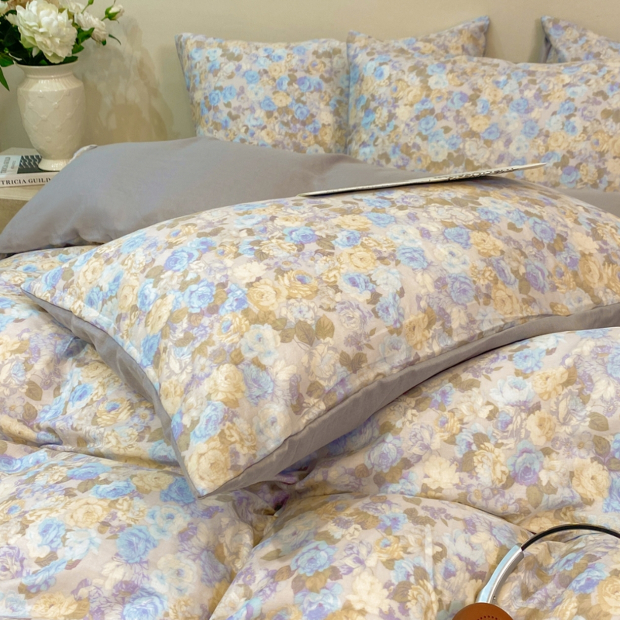 91家纺网 家纺一手货源 找家纺 红淳家纺 2026新款全棉A类双层纱四件套 科莫花园-蓝（普通款）