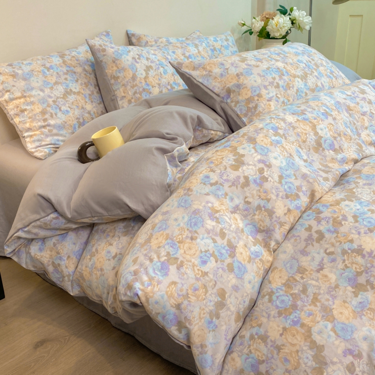 91家纺网 家纺一手货源 找家纺 红淳家纺 2026新款全棉A类双层纱四件套 科莫花园-蓝（普通款）