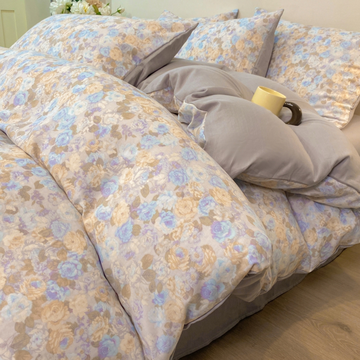 91家纺网 家纺一手货源 找家纺 红淳家纺 2026新款全棉A类双层纱四件套 科莫花园-蓝（普通款）