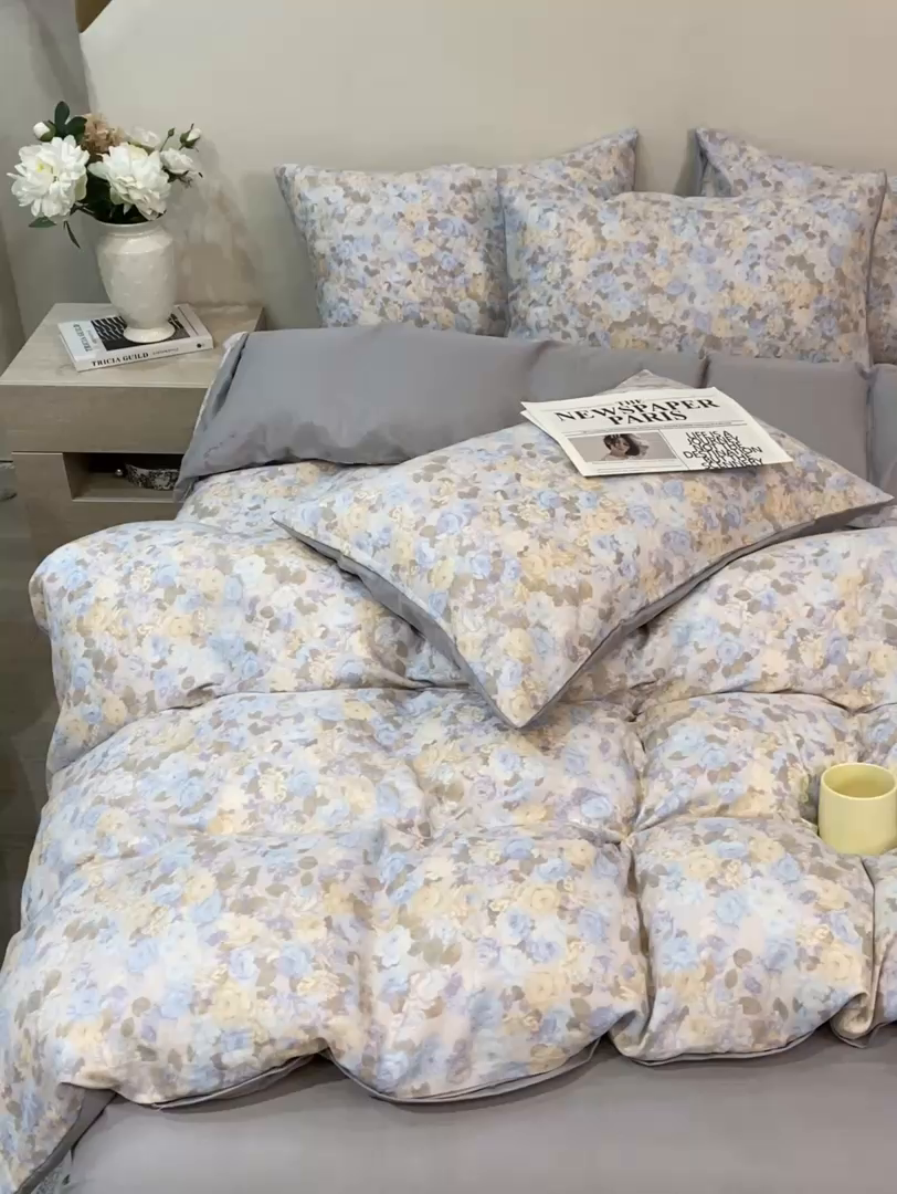 91家纺网 家纺一手货源 找家纺 红淳家纺 2026新款全棉A类双层纱四件套 科莫花园-蓝（普通款）