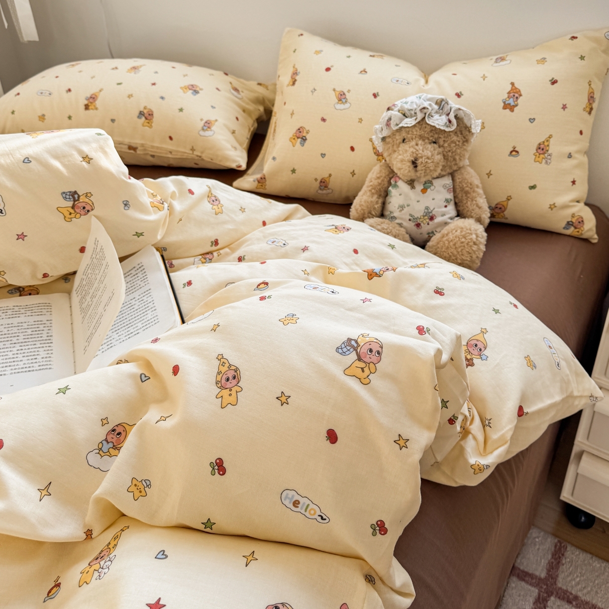 91家纺网 家纺一手货源 找家纺 红淳家纺 2026新款全棉A类双层纱四件套 可爱星人（普通款）