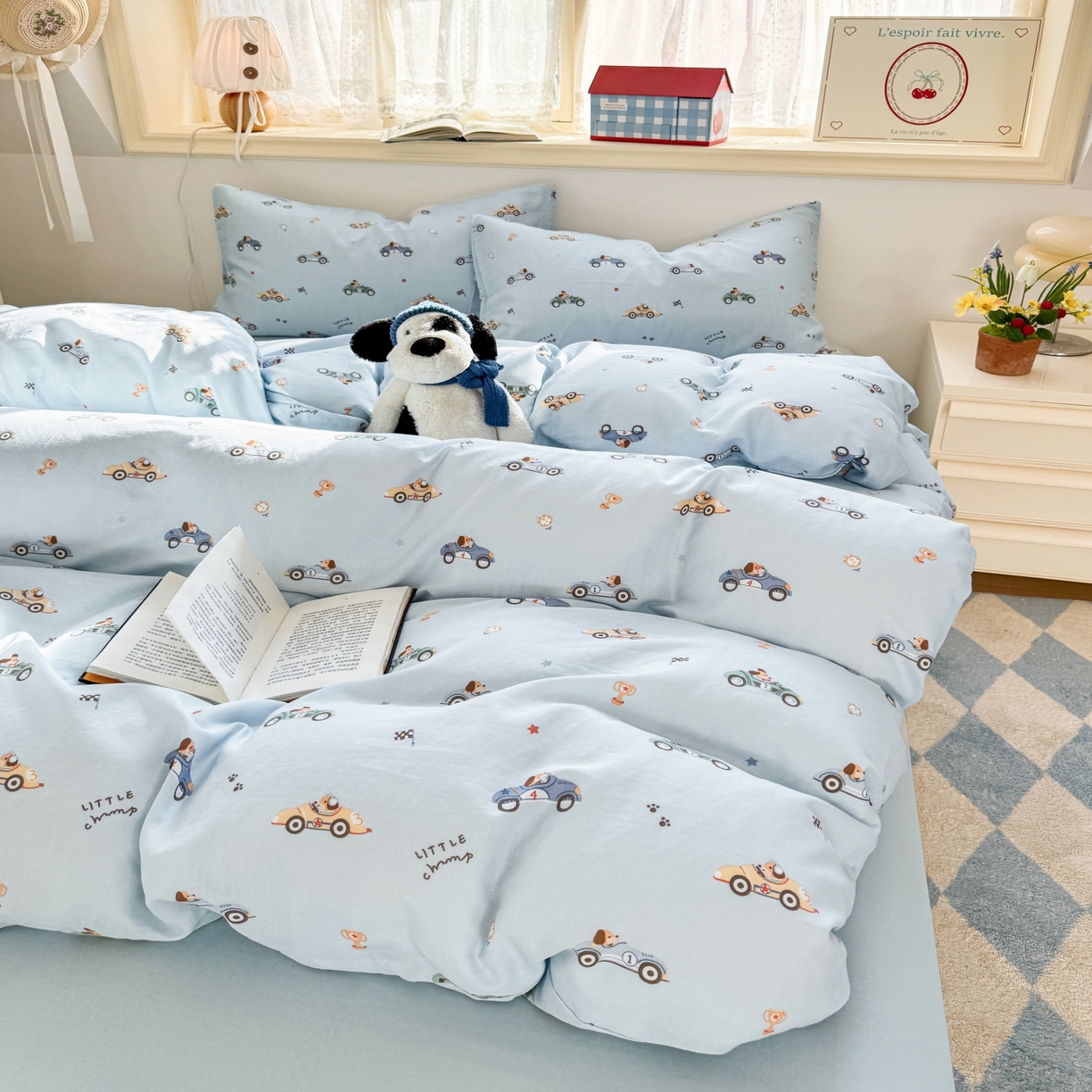 91家纺网 家纺一手货源 找家纺 红淳家纺 2026新款全棉A类双层纱四件套 汽车狗（普通款）