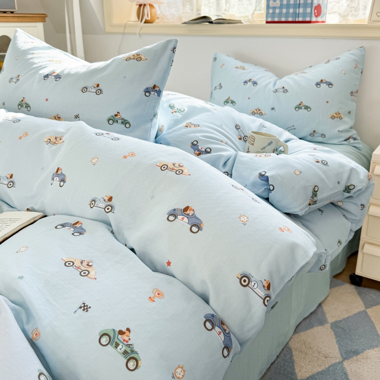 91家纺网 家纺一手货源 找家纺 红淳家纺 2026新款全棉A类双层纱四件套 汽车狗（普通款）