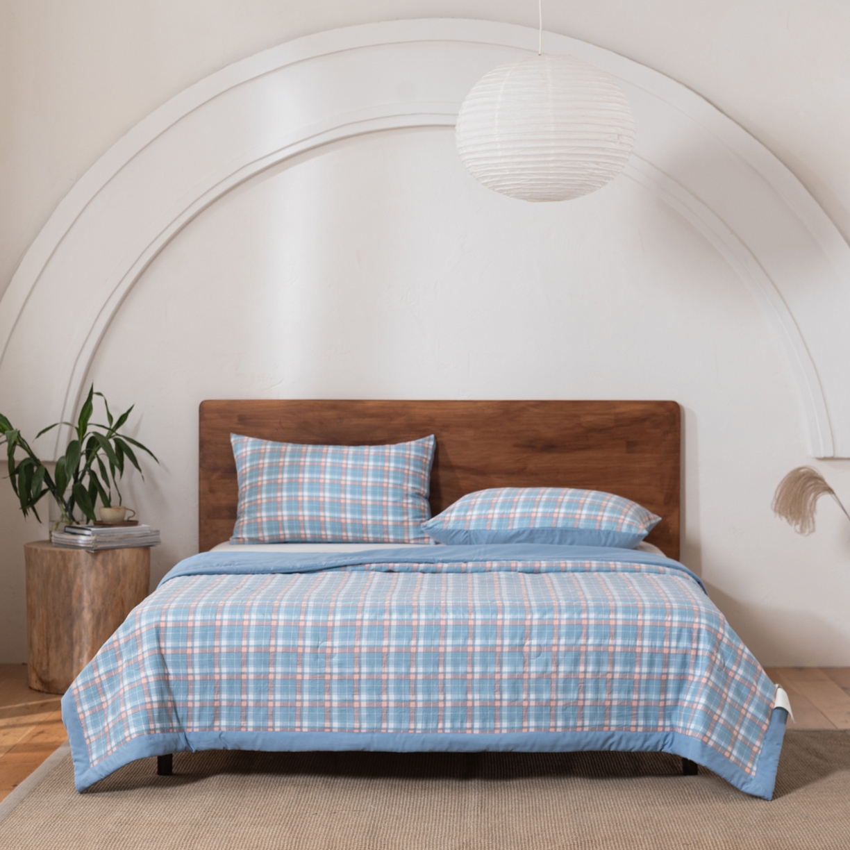 91家纺网 家纺一手货源 找家纺 佳轩家纺 2026新款色织水洗棉棉花夏被夏凉被空调被 格韵蓝