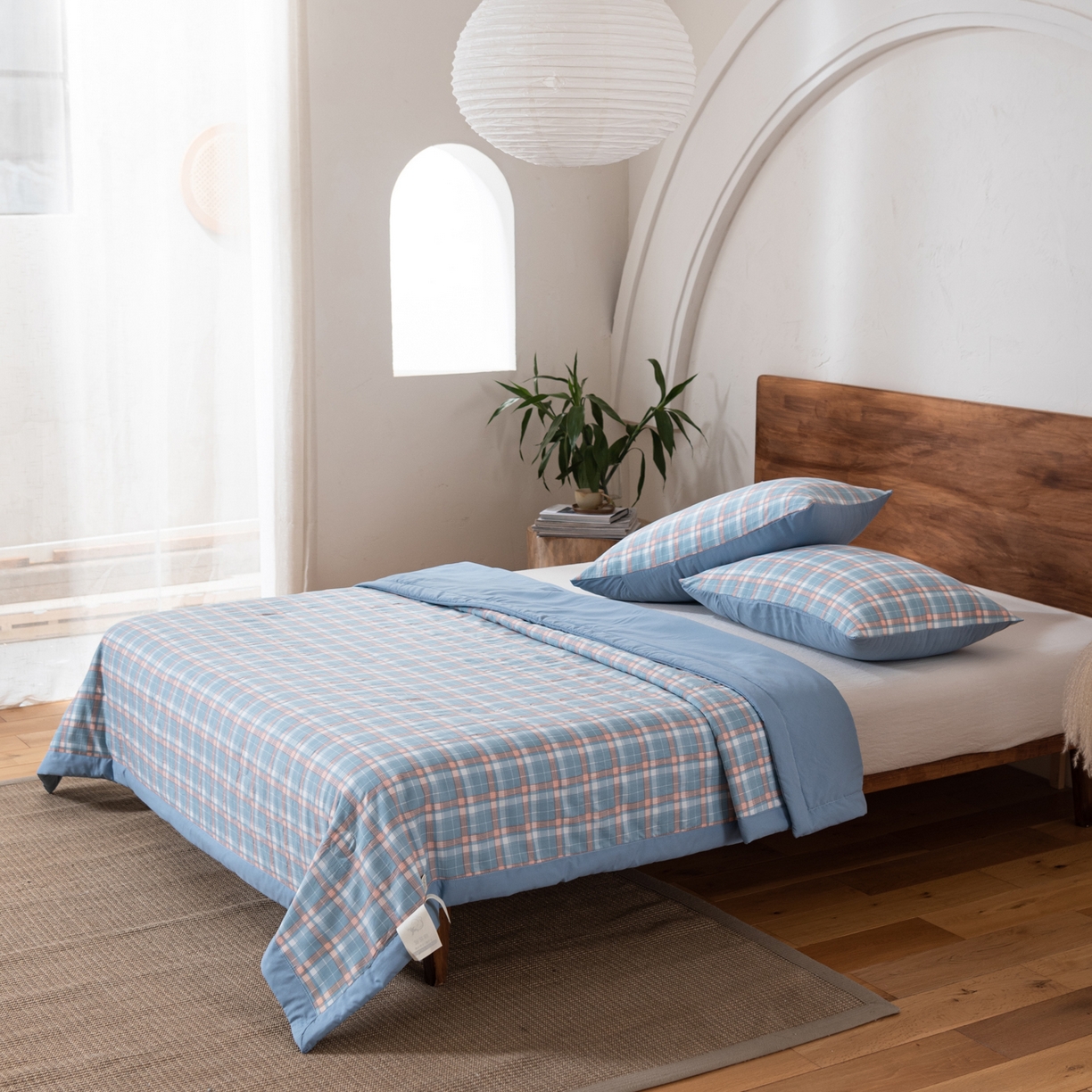 91家纺网 家纺一手货源 找家纺 佳轩家纺 2026新款色织水洗棉棉花夏被夏凉被空调被 格韵蓝