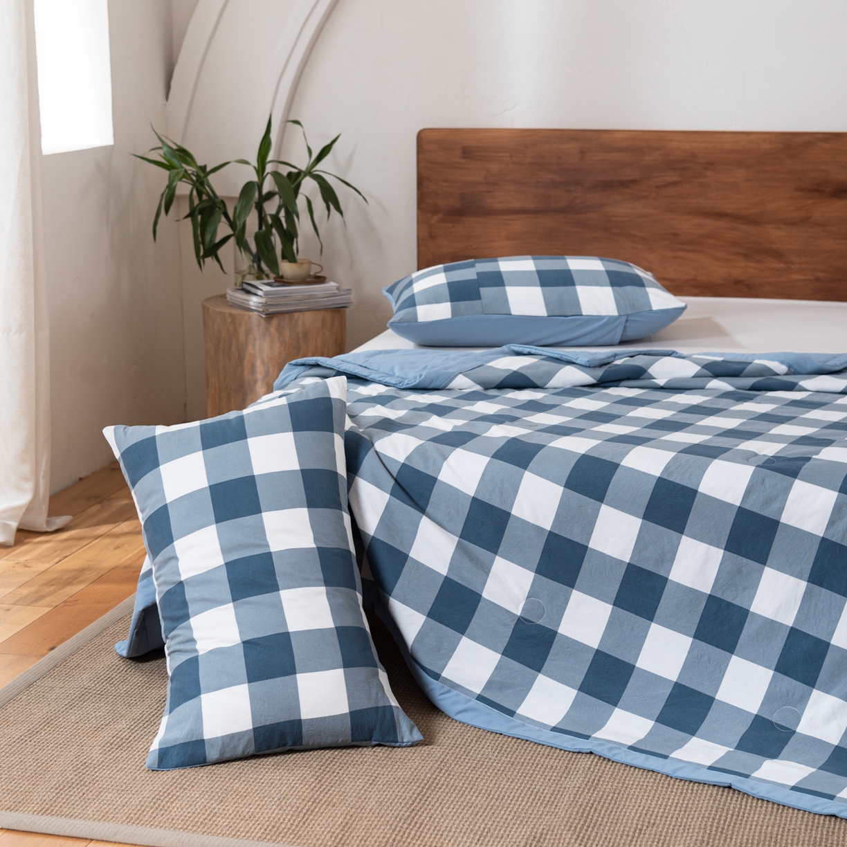 91家纺网 家纺一手货源 找家纺 佳轩家纺 2026新款色织水洗棉棉花夏被夏凉被空调被 蓝中格