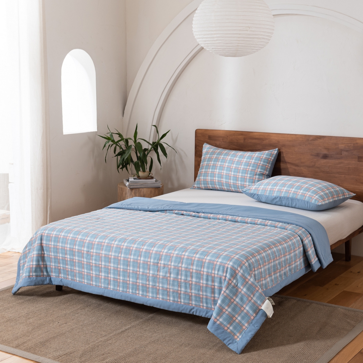 91家纺网 家纺一手货源 找家纺 佳轩家纺 2026新款色织水洗棉棉花夏被夏凉被空调被 格韵蓝