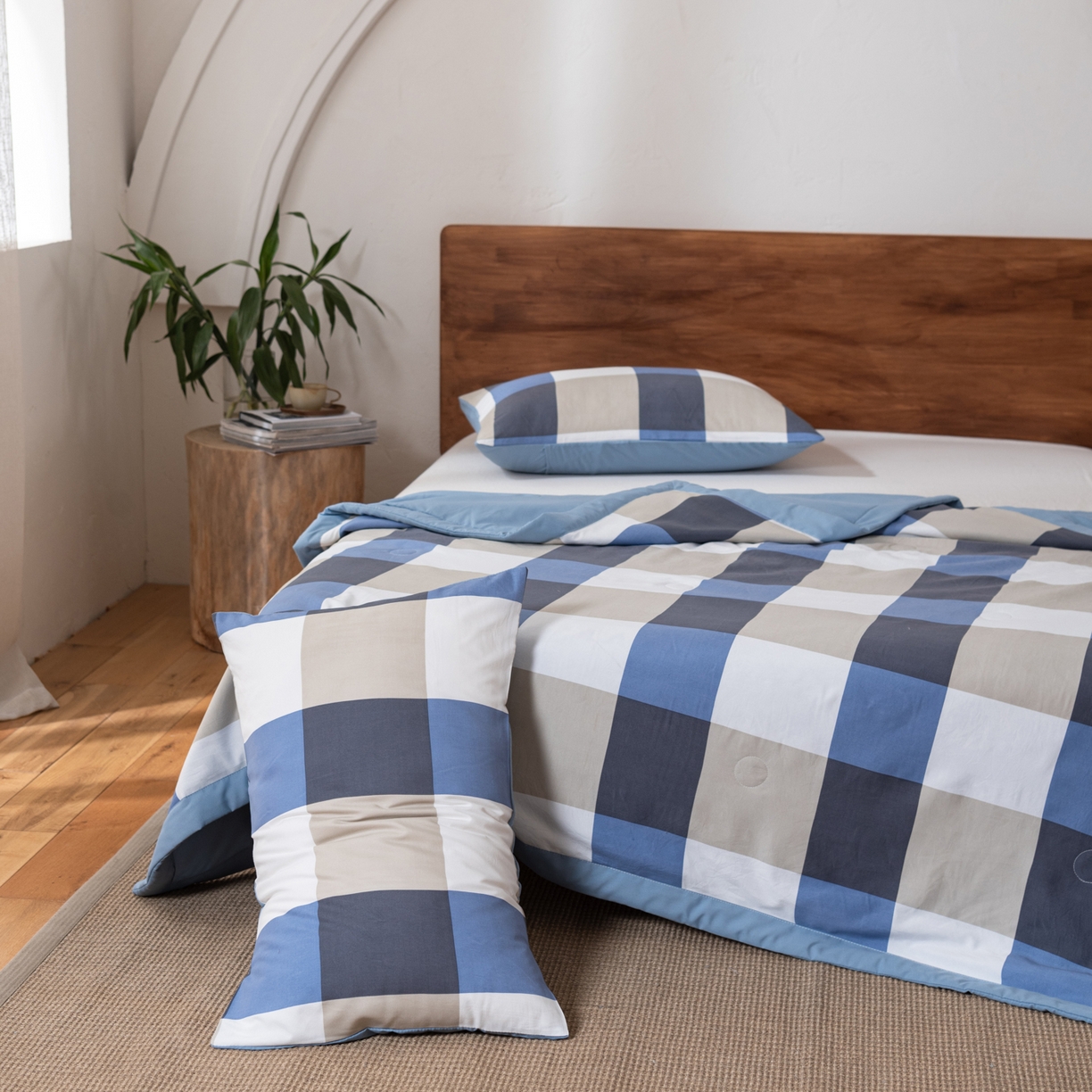 91家纺网 家纺一手货源 找家纺 佳轩家纺 2026新款色织水洗棉棉花夏被夏凉被空调被 蓝大格