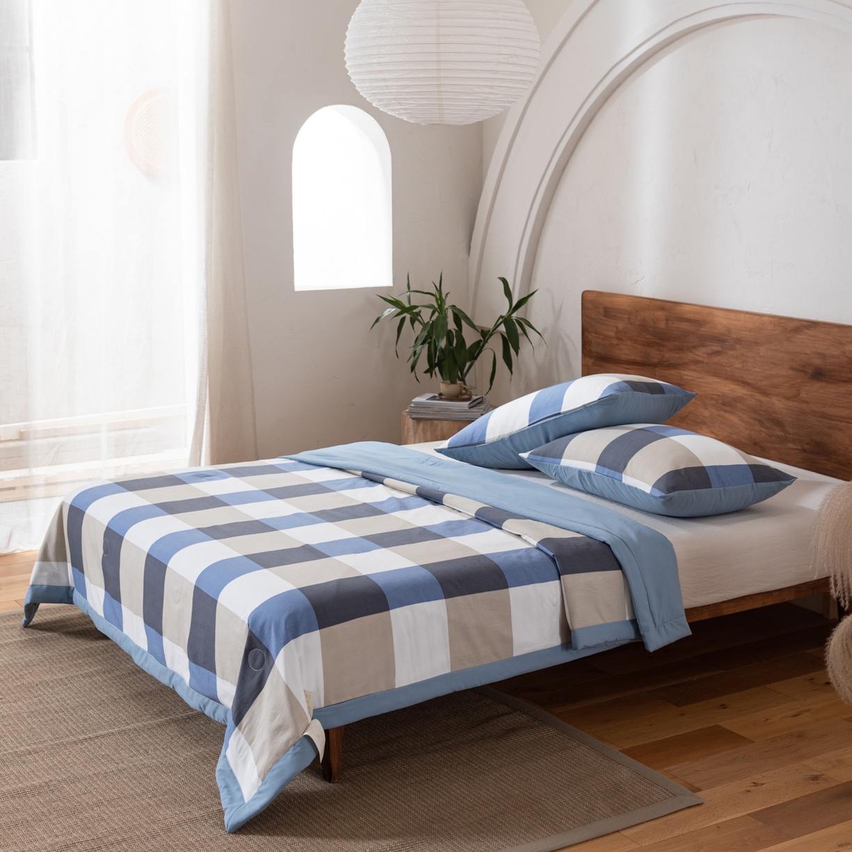 91家纺网 家纺一手货源 找家纺 佳轩家纺 2026新款色织水洗棉棉花夏被夏凉被空调被 蓝大格