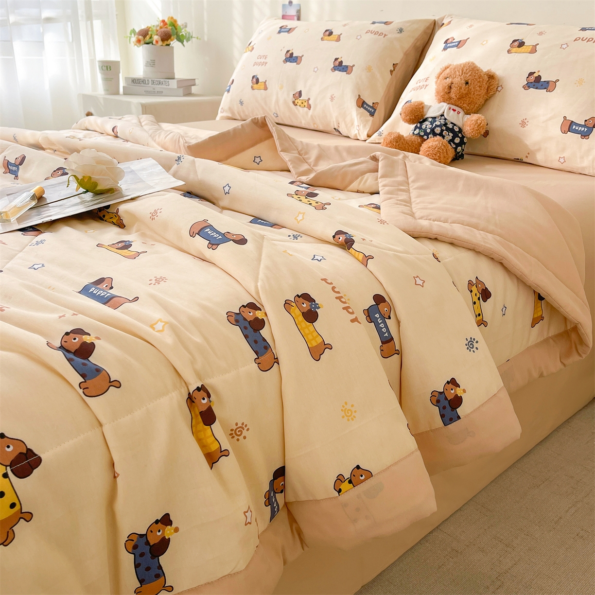 91家纺网 家纺一手货源 找家纺 仁凯家纺 2026新款A类里外全棉新疆棉花夏被四件套 被子被芯 萌犬星眠