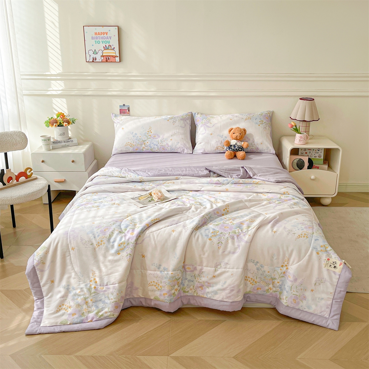 91家纺网 家纺一手货源 找家纺 仁凯家纺 2026新款A类里外全棉新疆棉花夏被四件套 被子被芯 紫雾花境