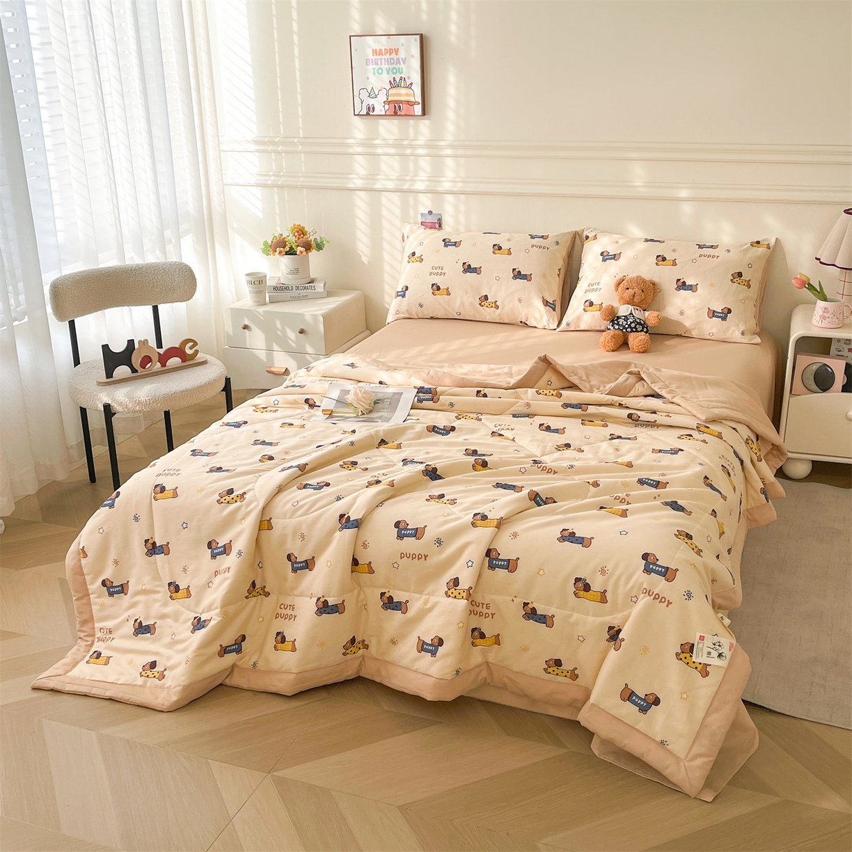 91家纺网 家纺一手货源 找家纺 仁凯家纺 2026新款A类里外全棉新疆棉花夏被四件套 被子被芯 萌犬星眠