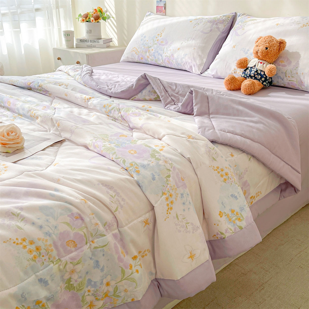 91家纺网 家纺一手货源 找家纺 仁凯家纺 2026新款A类里外全棉新疆棉花夏被四件套 被子被芯 紫雾花境