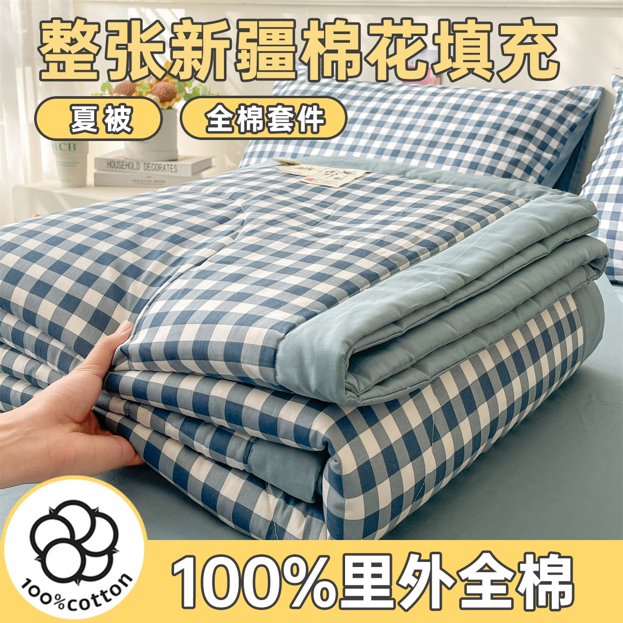 仁凯家纺 2026新款A类里外全棉新疆棉花夏被四件套 被子被芯 蓝序格