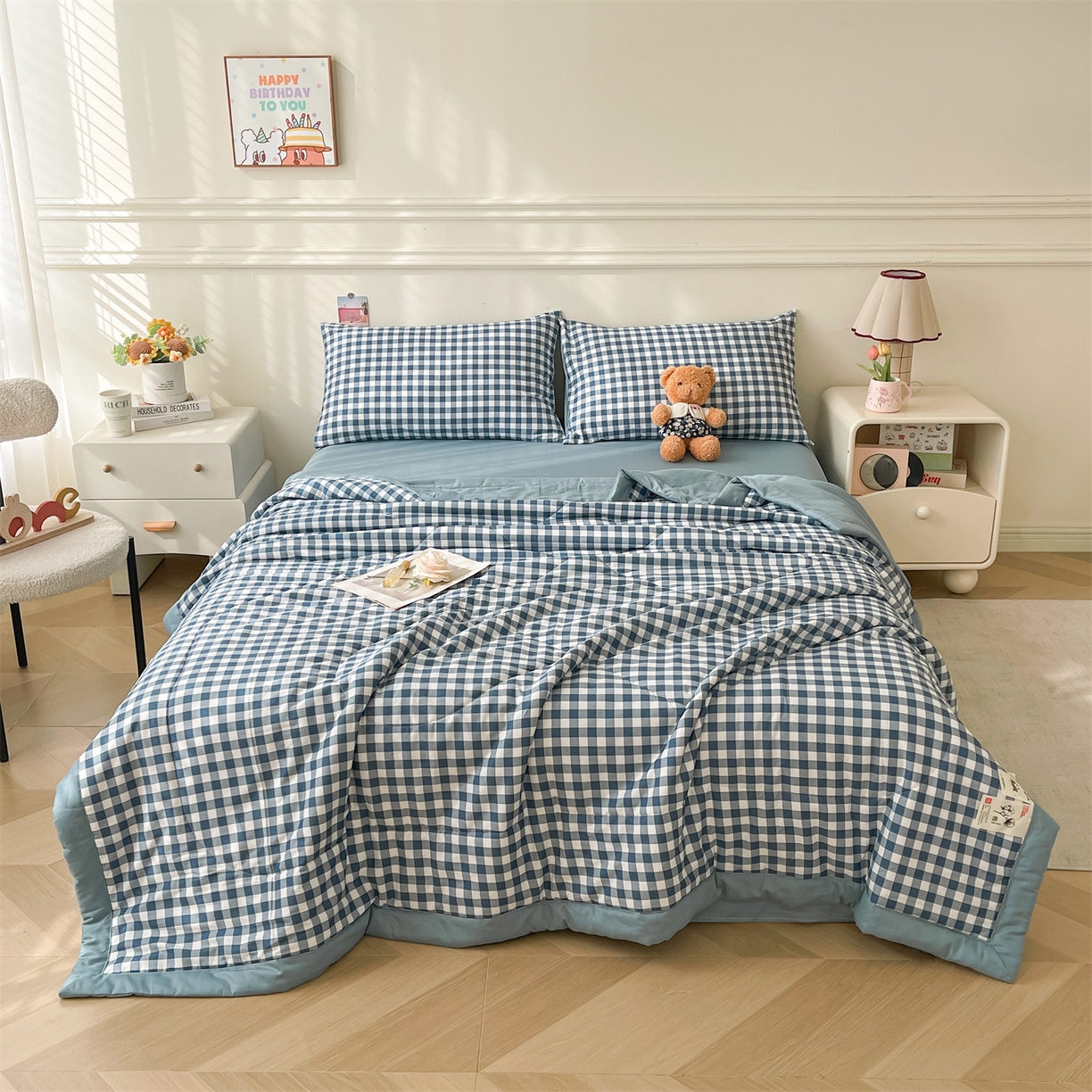 91家纺网 家纺一手货源 找家纺 仁凯家纺 2026新款A类里外全棉新疆棉花夏被四件套 被子被芯 蓝序格