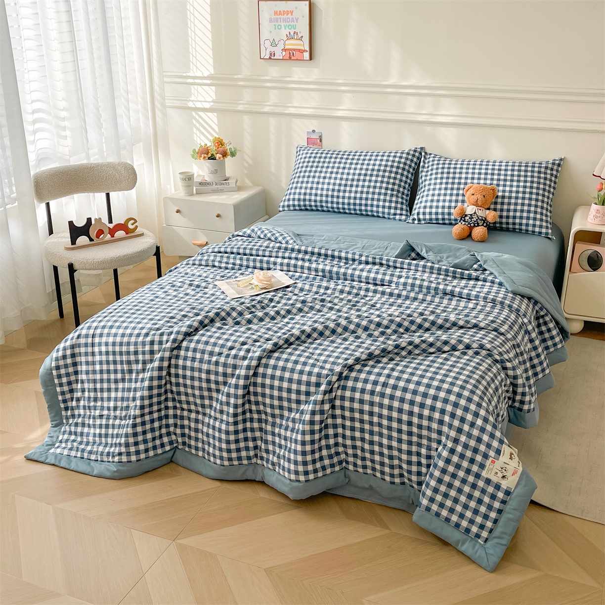 91家纺网 家纺一手货源 找家纺 仁凯家纺 2026新款A类里外全棉新疆棉花夏被四件套 被子被芯 蓝序格