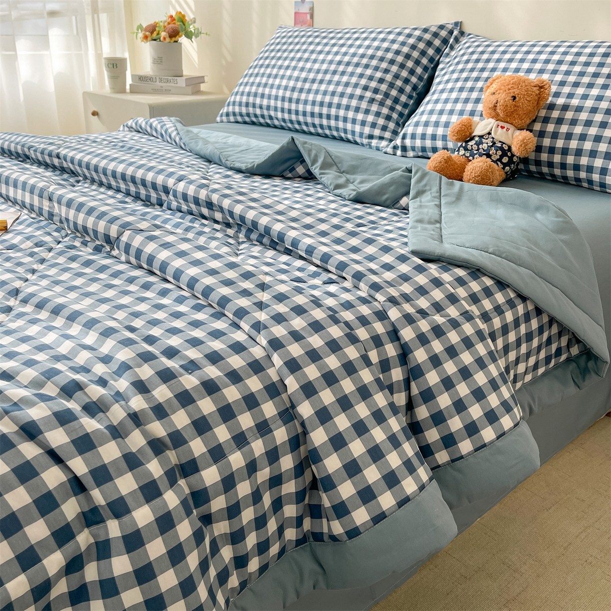 91家纺网 家纺一手货源 找家纺 仁凯家纺 2026新款A类里外全棉新疆棉花夏被四件套 被子被芯 蓝序格