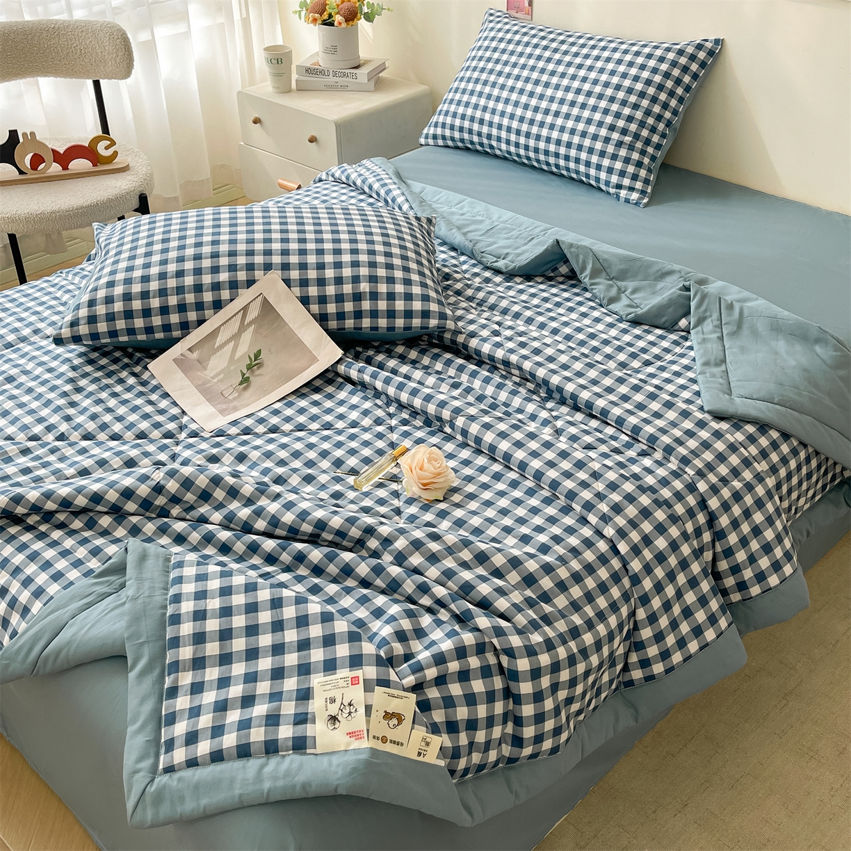 91家纺网 家纺一手货源 找家纺 仁凯家纺 2026新款A类里外全棉新疆棉花夏被四件套 被子被芯 蓝序格