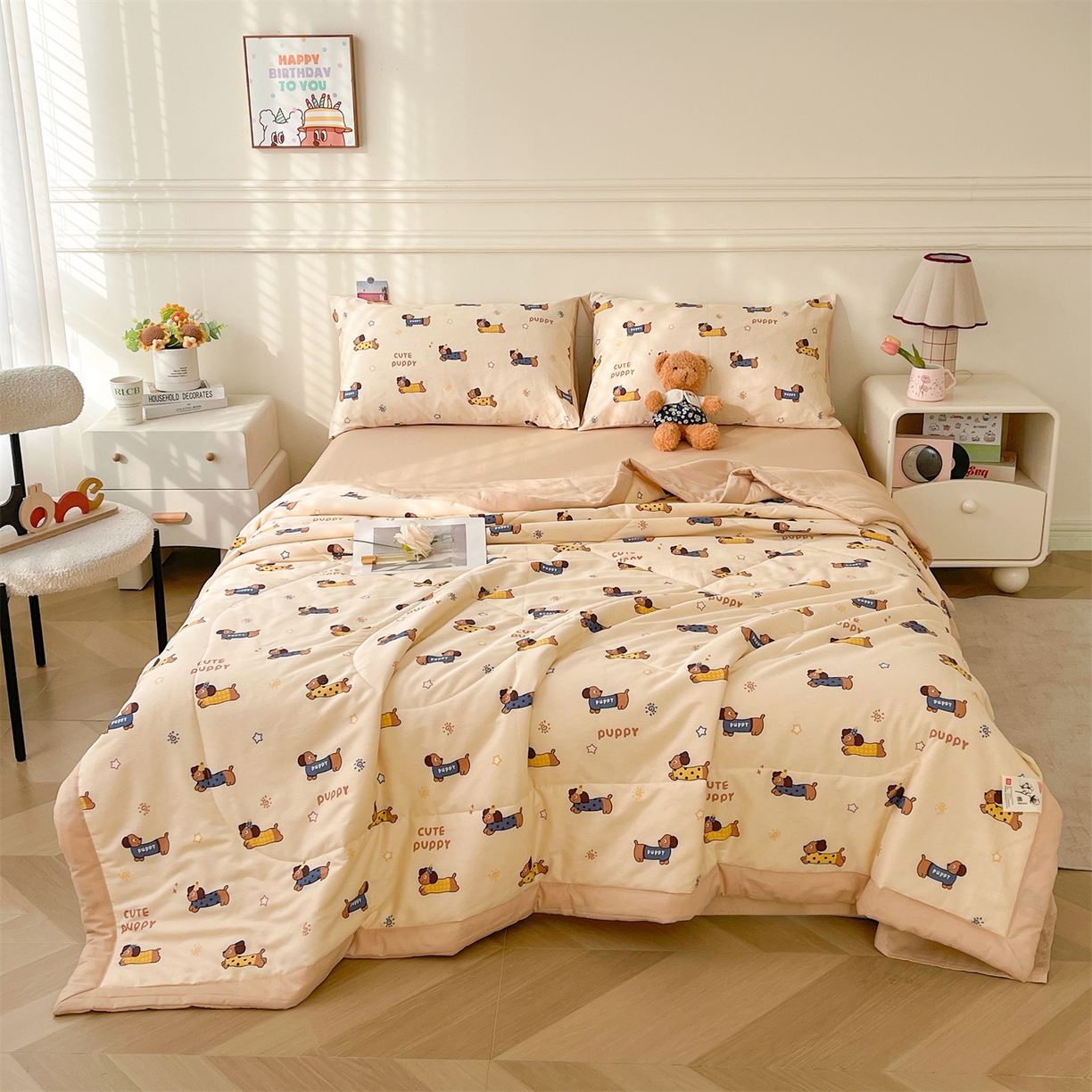 91家纺网 家纺一手货源 找家纺 仁凯家纺 2026新款A类里外全棉新疆棉花夏被四件套 被子被芯 萌犬星眠