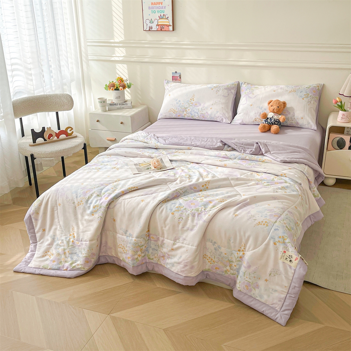 91家纺网 家纺一手货源 找家纺 仁凯家纺 2026新款A类里外全棉新疆棉花夏被四件套 被子被芯 紫雾花境