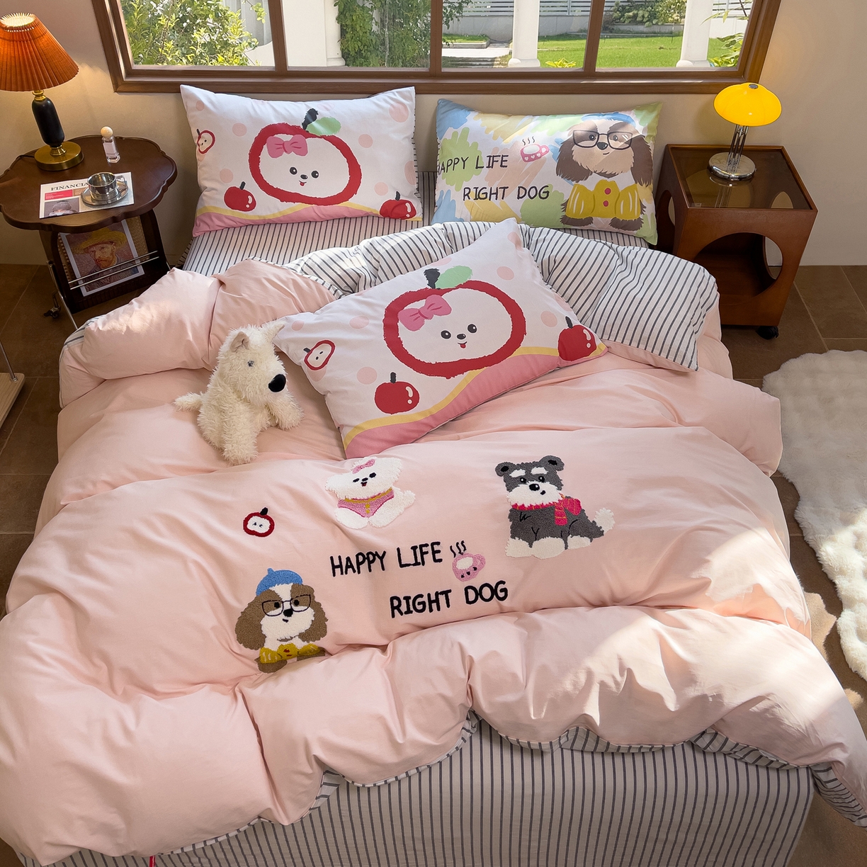 91家纺网 家纺一手货源 找家纺 炫拼家纺 2026新款A类全棉40支水洗棉卡通毛巾绣+枕套大版数码印花纯棉四件套-可萌系列 可萌-泡泡狗