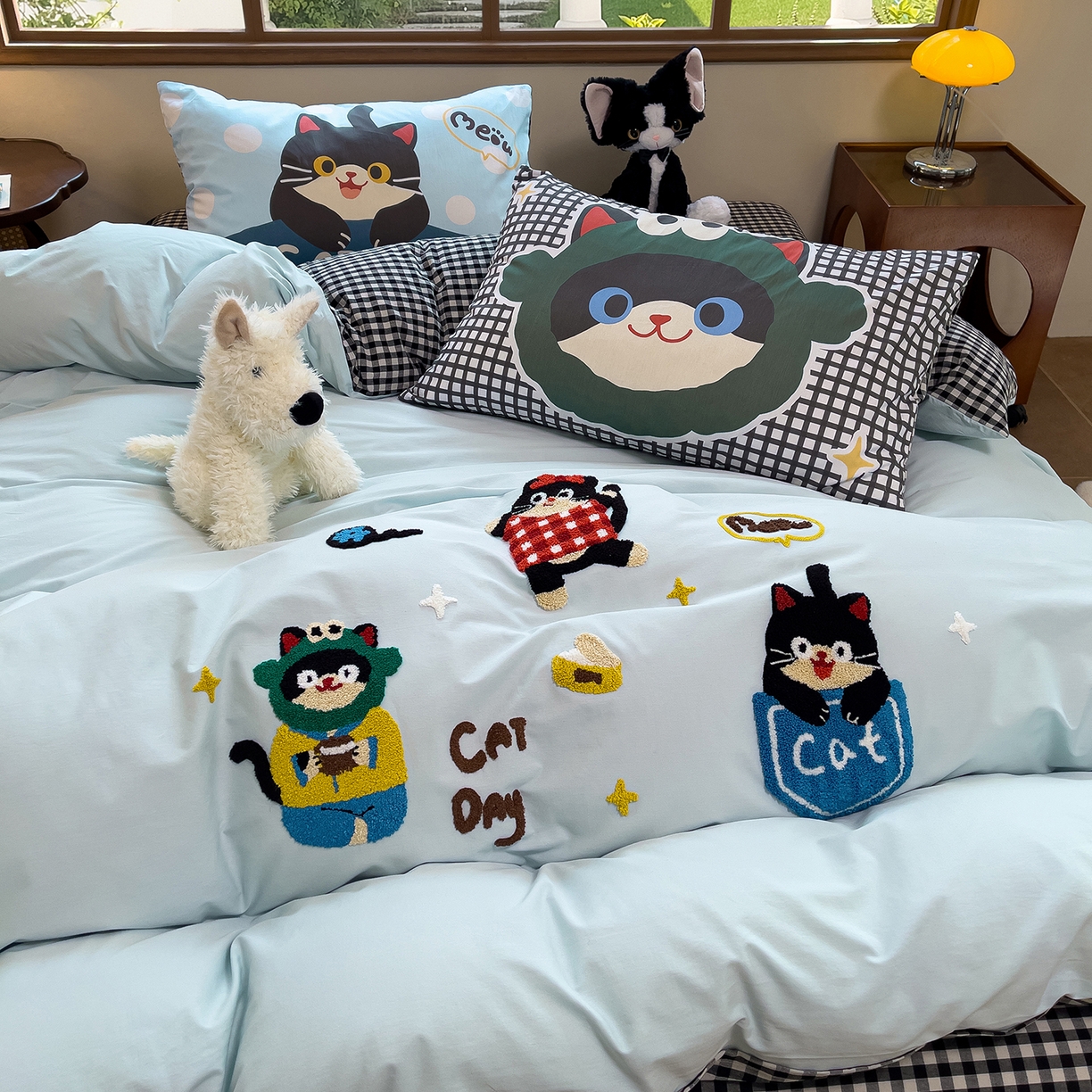 炫拼家纺 2026新款A类全棉40支水洗棉卡通毛巾绣+枕套大版数码印花纯棉四件套-可萌系列 可萌-欢喜猫