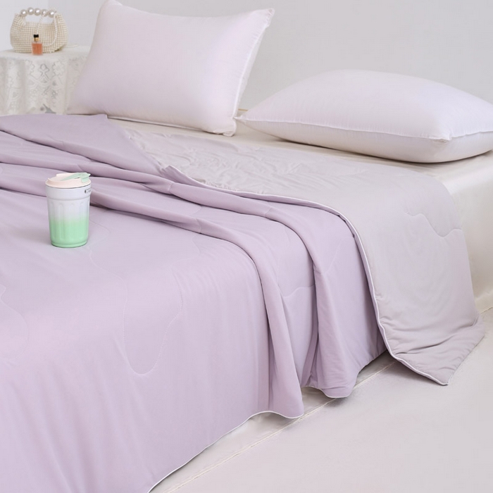 91家纺网 家纺一手货源 找家纺 憨豆家纺 2026春夏新款凉感丝A类锦氨（170克）55大豆抗菌夏被夏凉被空调被（配礼盒） 曙光紫+幻影灰