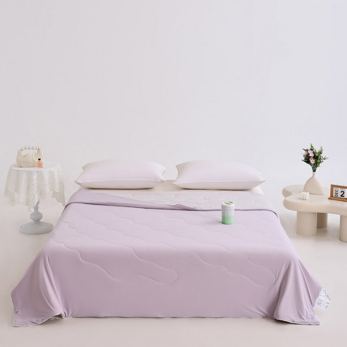 91家纺网 家纺一手货源 找家纺 憨豆家纺 2026春夏新款凉感丝A类锦氨（170克）55大豆抗菌夏被夏凉被空调被（配礼盒） 曙光紫+幻影灰