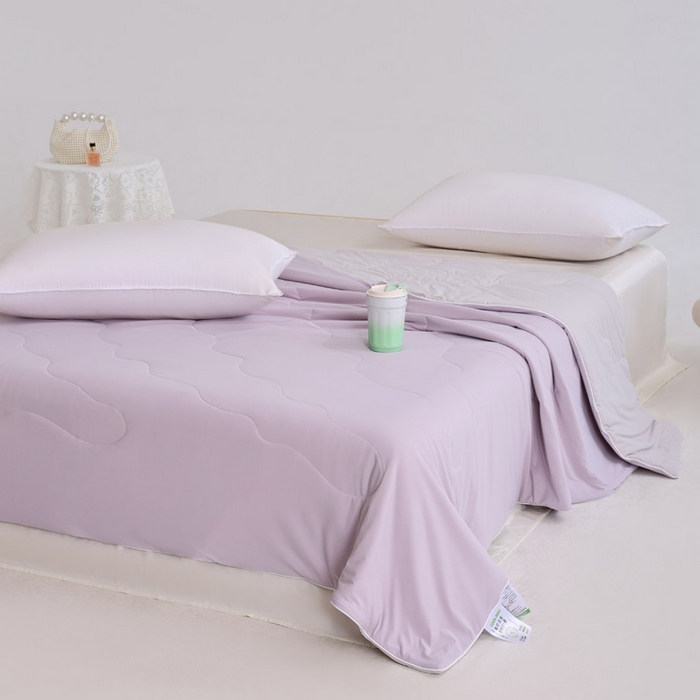 91家纺网 家纺一手货源 找家纺 憨豆家纺 2026春夏新款凉感丝A类锦氨（170克）55大豆抗菌夏被夏凉被空调被（配礼盒） 曙光紫+幻影灰