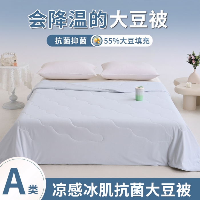 91家纺网 家纺一手货源 找家纺 憨豆家纺 2026春夏新款凉感丝A类锦氨（170克）55大豆抗菌夏被夏凉被空调被（配礼盒） 雾凇蓝