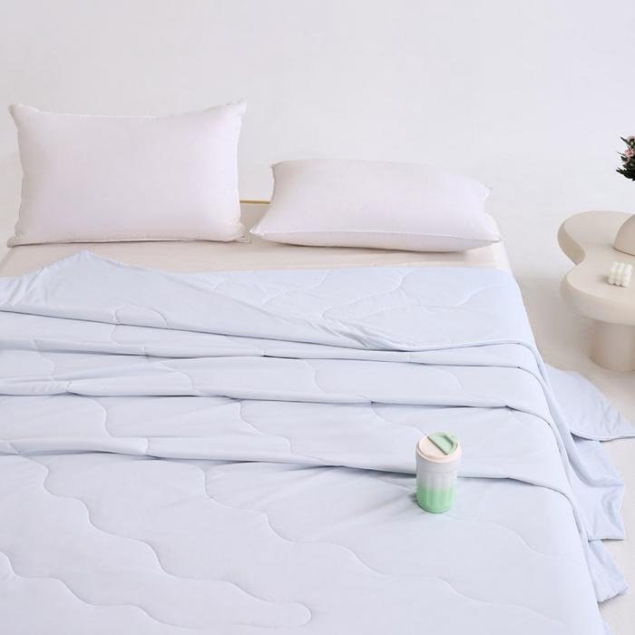 91家纺网 家纺一手货源 找家纺 憨豆家纺 2026春夏新款凉感丝A类锦氨（170克）55大豆抗菌夏被夏凉被空调被（配礼盒） 雾凇蓝