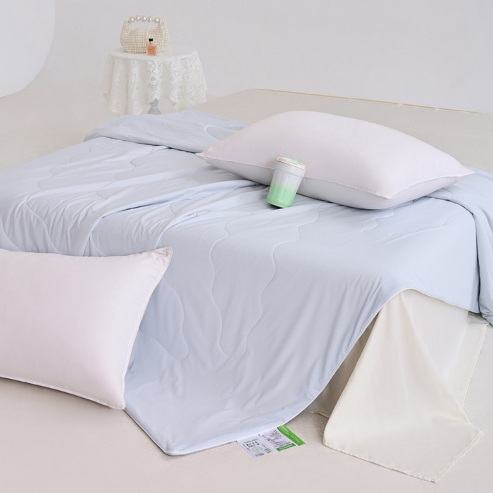 91家纺网 家纺一手货源 找家纺 憨豆家纺 2026春夏新款凉感丝A类锦氨（170克）55大豆抗菌夏被夏凉被空调被（配礼盒） 雾凇蓝