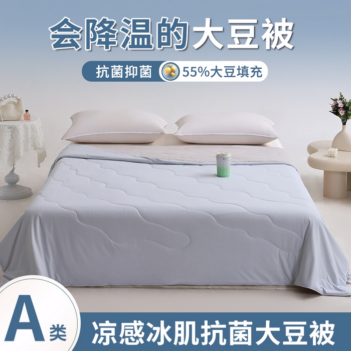 91家纺网 家纺一手货源 找家纺 憨豆家纺 2026春夏新款凉感丝A类锦氨（170克）55大豆抗菌夏被夏凉被空调被（配礼盒） 雾凇蓝+幻影灰