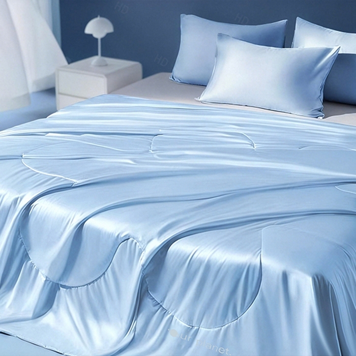 91家纺网 家纺一手货源 找家纺 憨豆家纺 2026新款水洗冰丝夏被四件套星球水洗真丝夏凉被（含抗菌棉）跨境外贸床笠款空调被 冰川蓝