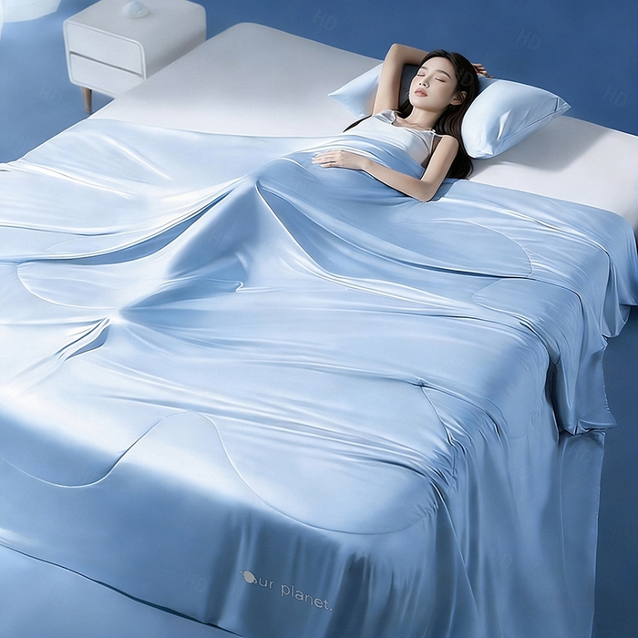 91家纺网 家纺一手货源 找家纺 憨豆家纺 2026新款水洗冰丝夏被四件套星球水洗真丝夏凉被（含抗菌棉）跨境外贸床笠款空调被 冰川蓝