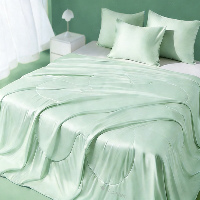 91家纺网 家纺一手货源 找家纺 憨豆家纺 2026新款水洗冰丝夏被四件套星球水洗真丝夏凉被（含抗菌棉）跨境外贸床笠款空调被 冰甜绿