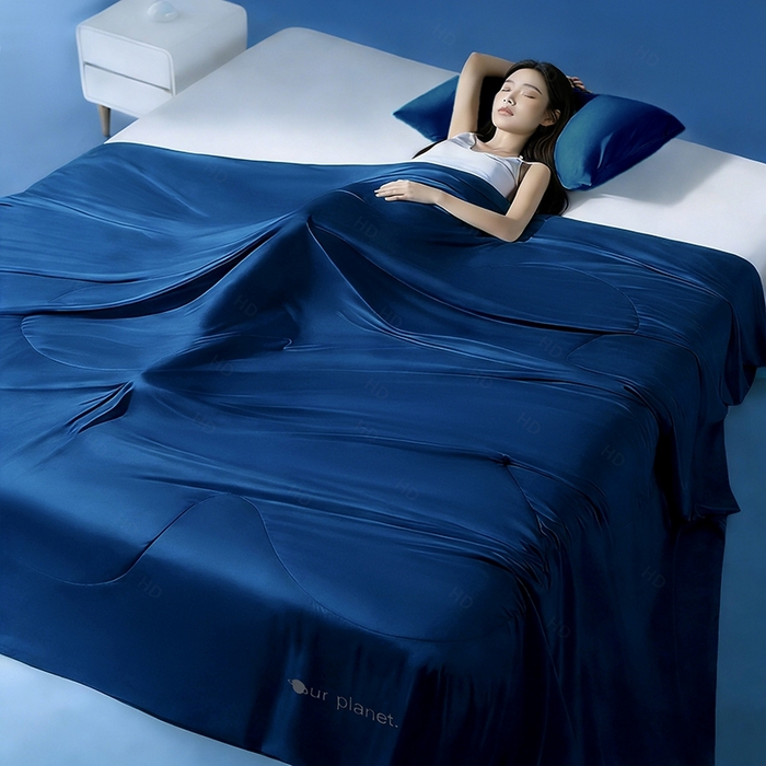 91家纺网 家纺一手货源 找家纺 憨豆家纺 2026新款水洗冰丝夏被四件套星球水洗真丝夏凉被（含抗菌棉）跨境外贸床笠款空调被 远山蓝