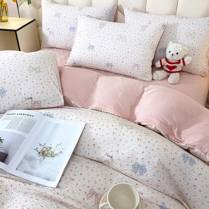 91家纺网 家纺一手货源 找家纺 栩裕纺织 2026新款云感双层纱床盖四件套 半糖少女