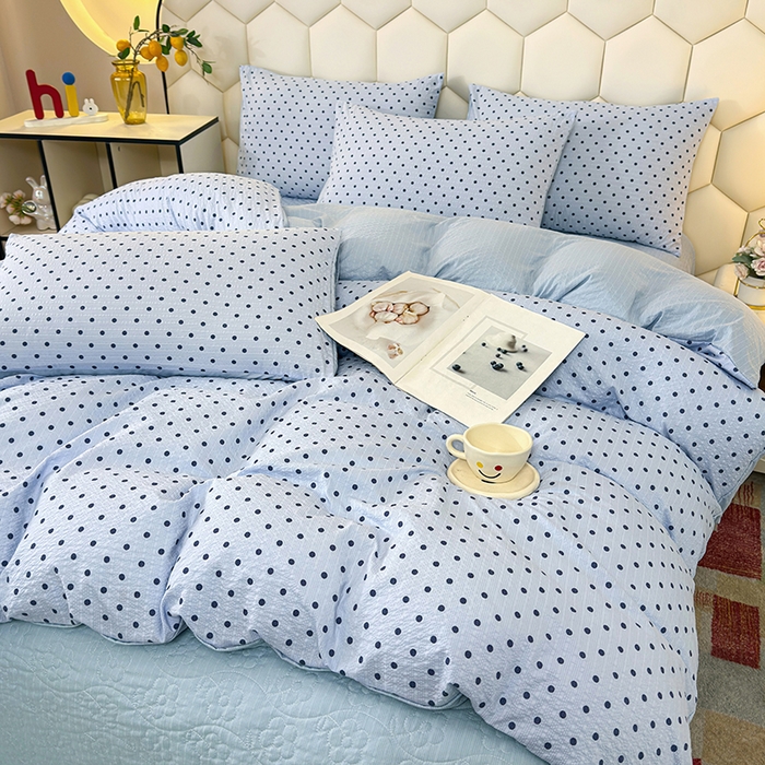 91家纺网 家纺一手货源 找家纺 栩裕纺织 2026新款云感双层纱床盖四件套 海蓝波点