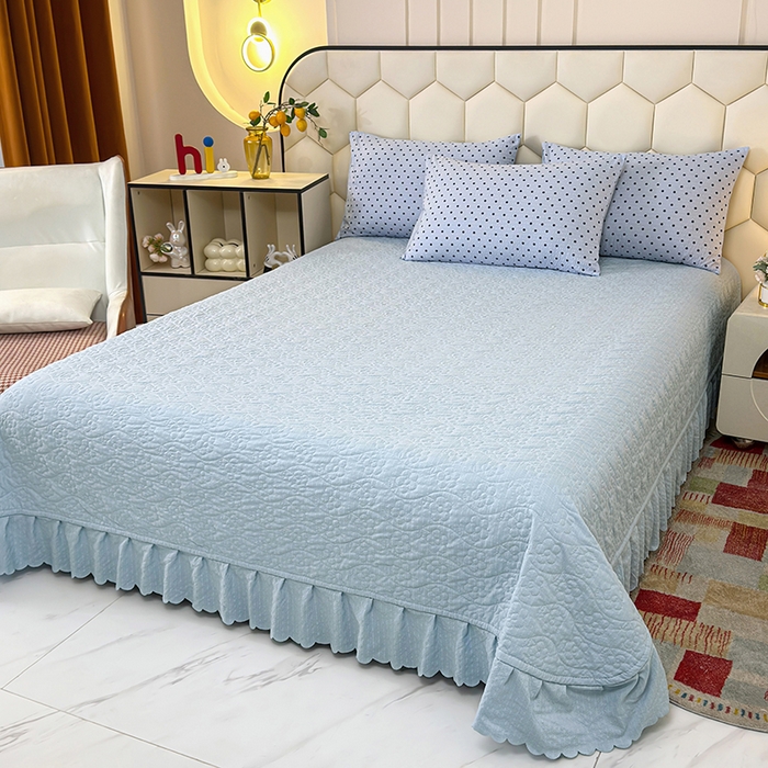 91家纺网 家纺一手货源 找家纺 栩裕纺织 2026新款云感双层纱床盖四件套 海蓝波点